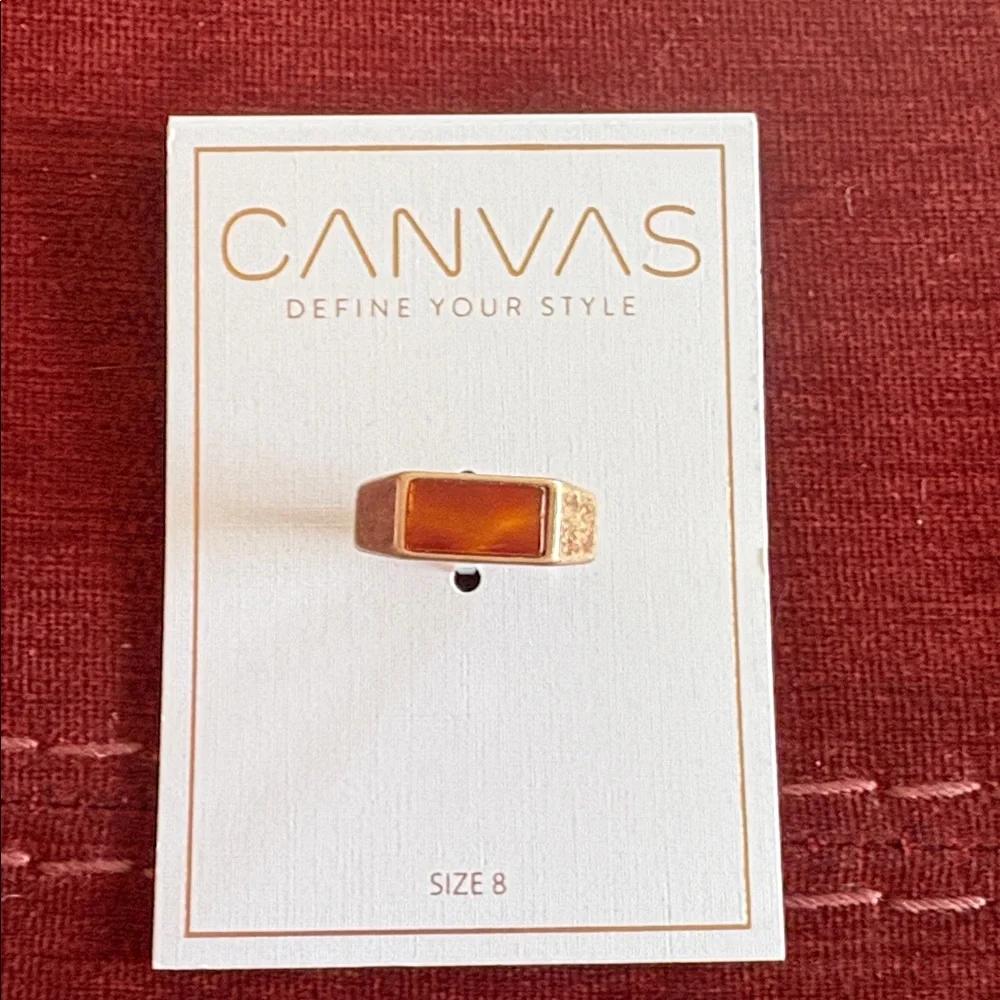🆕CANVAS: Trendy Gold Tone Rectangular Ring w/ Orange Stone- Men’s size 6.5 to 7